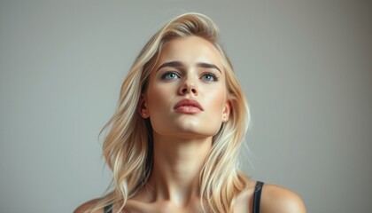 Fototapeta premium A young woman with long blonde hair gazes thoughtfully upward in a minimalist setting during soft natural lighting