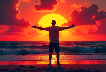 Fototapeta premium Man standing by the ocean at sunset Man embracing nature Arms outstretched