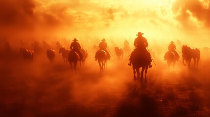 Fototapeta premium Pioneering the Wild West: Cowboys Leading Cattle in Cinematic Light