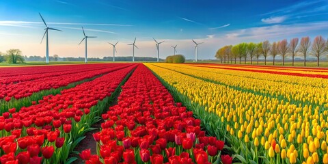 Beautiful springtime landscape of a red and yellow tulip field with modern windmills and trees in the background in Holland