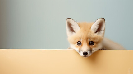 Obraz premium fox peeks out, on a smooth background in the studio