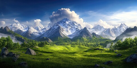 Fototapeta premium Enilchek, a stunning natural landscape with breathtaking mountains and vibrant scenery, Breathtaking mountains and vibrant scenery in a stunning natural landscape