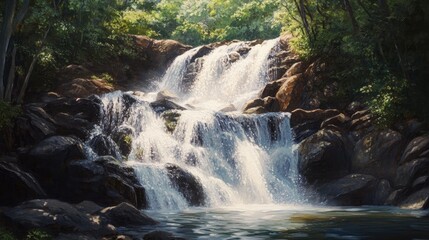 Obraz premium Oil painting of a stunning and majestic waterfall cascading over rocks surrounded by lush greenery depicting a serene natural landscape