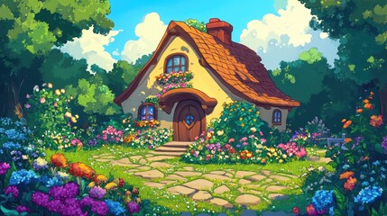 Obraz premium Isometric Cartoon Fantasy Village House Adorned with Flowers Components for Tileset Map Landscape Design or Game Object in Vibrant Detailed 2D Style