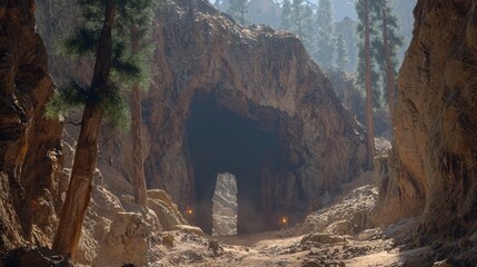 Majestic Wild West Mountain Landscape with Hidden Gold Mine Entrance Illuminated by Lantern Light, Cinematic Theme