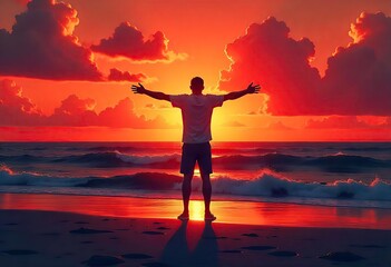 Fototapeta premium Man standing by the ocean at sunset Man embracing nature Arms outstretched