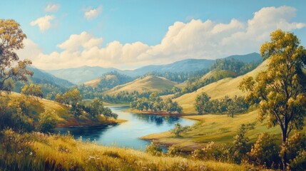 Oil painting depicting a scenic highland landscape with a serene body of water and rolling hills showcasing the beauty of nature in a picturesque setting