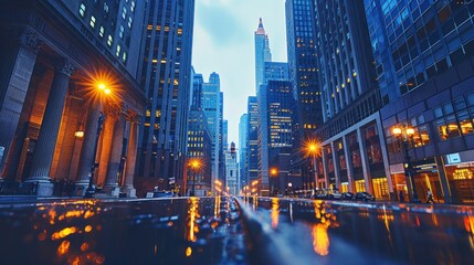 Fototapeta premium A captivating cityscape showcases twilight reflections on wet asphalt in a bustling urban setting. Generative AI