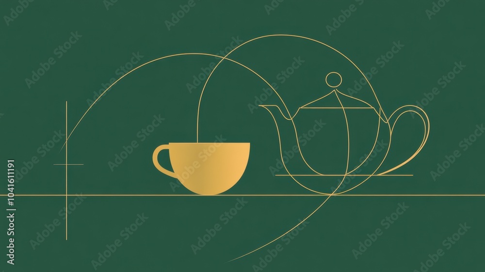 Poster this artwork showcases a simple line drawing of a teapot alongside a cup, all set against a calming 