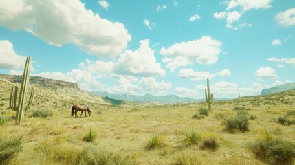 Fototapeta premium Tranquil Wild West Scene: Lone Horse Grazing in Cactus-Studded Landscape under Blue Sky with Fluffy Clouds, Cinematic Light
