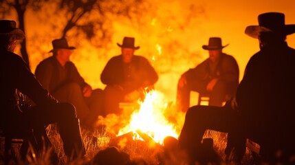 Obraz premium Campfire Stories: Cowboys in Wild West at Dusk with Cinematic Glow
