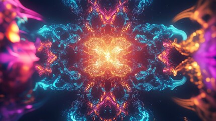 Kaleidoscopic background featuring abstract fractal shapes Vibrant chaotic patterns create a striking and unique design with a fantastical colorful aesthetic