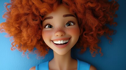 3D Cartoon of a cheerful redhead girl with curly hair smiling and laughing at the camera against a bright background