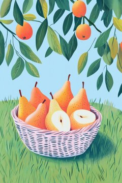 Illustration of a variety of ripe juicy pears in a handmade wicker basket resting on green grass in a fruit garden orchard on a bright autumn day Organic eco fruits for healthy eating Rural country