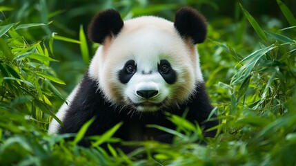 Fototapeta premium A cute panda sitting among lush green bamboo, showcasing its distinctive black and white fur with an adorable expression.