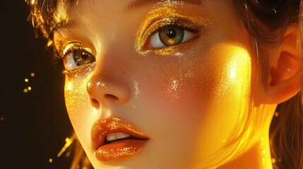 3D Cartoon Portrait of a Girl with Shiny Gold Makeup