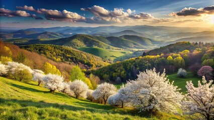 Blossoming flowers in the Polish mountains in springtime panorama © yuwaree