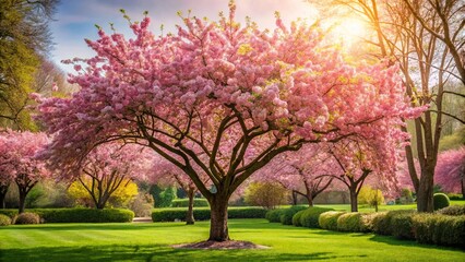 Obraz premium Blossoming cherry tree in ornamental garden Medium Shot