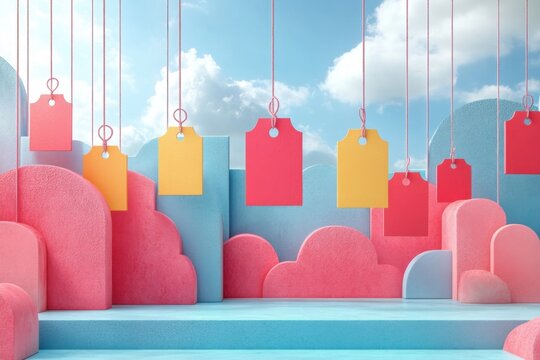 Tags hanging from the strings of a sky filled with clouds, sale, discount