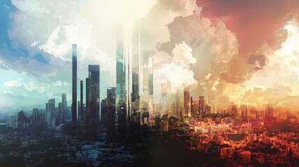 Panoramic view of a modern skyline and urban landscape Mixed media artwork
