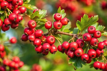 Close-up of ripe crataegu monogyna hawthorn shrub, natural medicinal plant