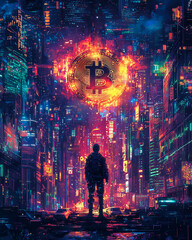 Naklejka premium A lone figure stands beneath a glowing Bitcoin in a futuristic neon city, symbolizing crypto's influence in the digital age.