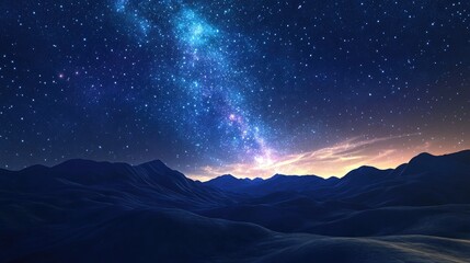 3D cartoon depiction of a colorful night landscape featuring mountains and the Milky Way with a starry sky and rolling hills in summer A beautiful space background showcasing the galaxy
