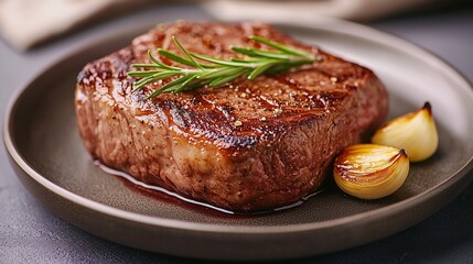Savory grilled steak served on a plate with herbs and garlic, perfect for a gourmet meal or culinary presentation.