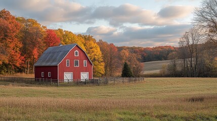 Fototapeta premium Autumn barn landscape with vibrant fall foliage scene
