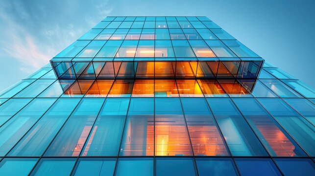 Captivating modern architecture of a glass building reflecting an orange glow at twilight. Generative AI
