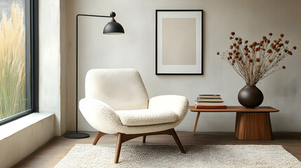 Cozy Living Room with White Chair and Wooden Side Table