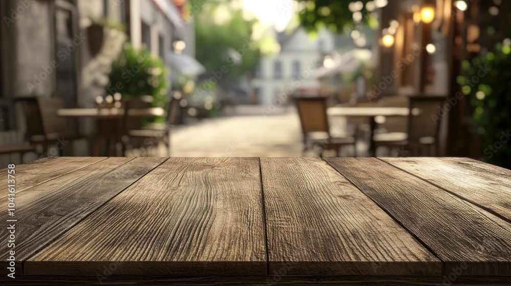 Poster 3d rendering of an empty wooden table surface with a blurred cafe backdrop