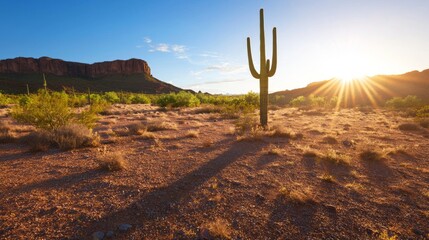 Desert Majesty: Vibrant Sunset Over Wild West Landscape with Red Rock Formations and Lone Cactus Silhouette