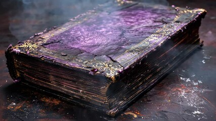 A vintage book with a purple cover sits on a wooden surface, emitting wisps of smoke