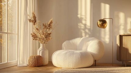 3D rendering of a Boho style living room interior featuring a white boucle armchair design pouf lamp vase with dried flowers gold lamp and personal accessories Cozy home decor with ample copy spac