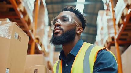Man in a high-visibility vest and safety goggles operating a forklift in a warehouse.