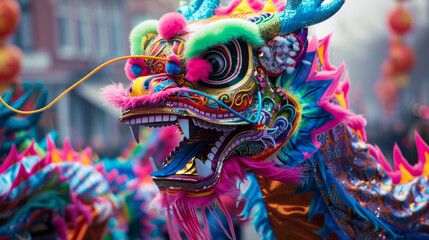 Obraz premium A festive dragon dance parade with colorful costumes
