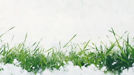 Oil painting featuring green grass beneath a layer of white snow showcasing a textured pattern suitable for print design