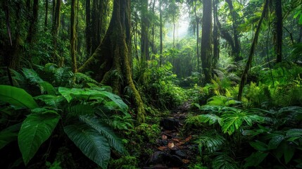 Fototapeta premium Lush Forest Landscape in Dense Rainforest Environment