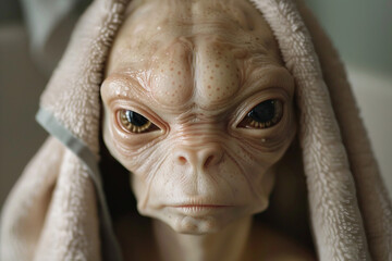 Fototapeta premium UFO space visitor alien on Earth living human life with everyday routine staff, Generative AI