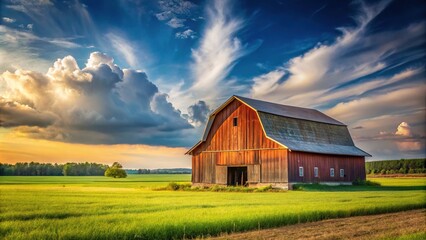 Barn in the background with a large field in front, showcasing a cool wallpaper with depth of field effect