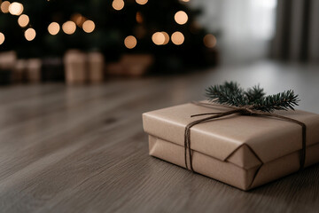 Mockup photo with space for text giftbox holiday present box with colorful ribbon bow, Generative AI