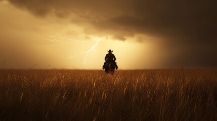 Fototapeta premium Dynamic Cowboy Riding through Stormy Wild West Field, Atmospheric Cinematic Scene with Lightning Strike, Intense Action Shot with Old Western Vibe