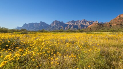 Fototapeta premium Wild West Vista: Vibrant Wildflower Meadow Against Majestic Mountains and Clear Blue Sky with Cinematic Light