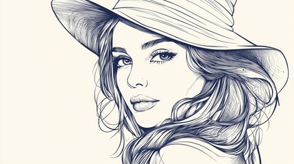 Fototapeta premium Line art illustration showcasing a woman s portrait adorned with a hat