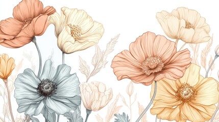Watercolor line art of flowers in soft colors