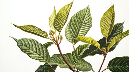 Oil painting of Kratom plant showcasing the unique features of Mitragyna speciosa against a white background focusing on the intricate details of this plant species