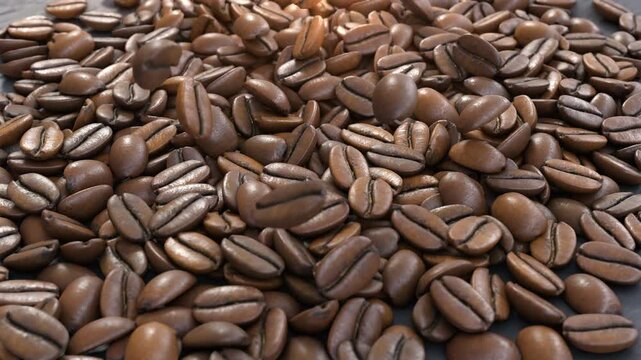 Close up of medium roast coffee beans falling down. Slow motion 3D animation 4K. Food and drinks idea concept.