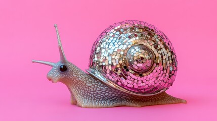 Snail crawls on a pink background with a disco ball shell, creating a quirky, fun concept. Perfect for party themes, this modern and creative design is eye-catching