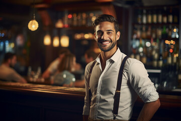 Fototapeta premium Classic bar pub with professional bartender barkeeper barman, Generative AI illustration photo